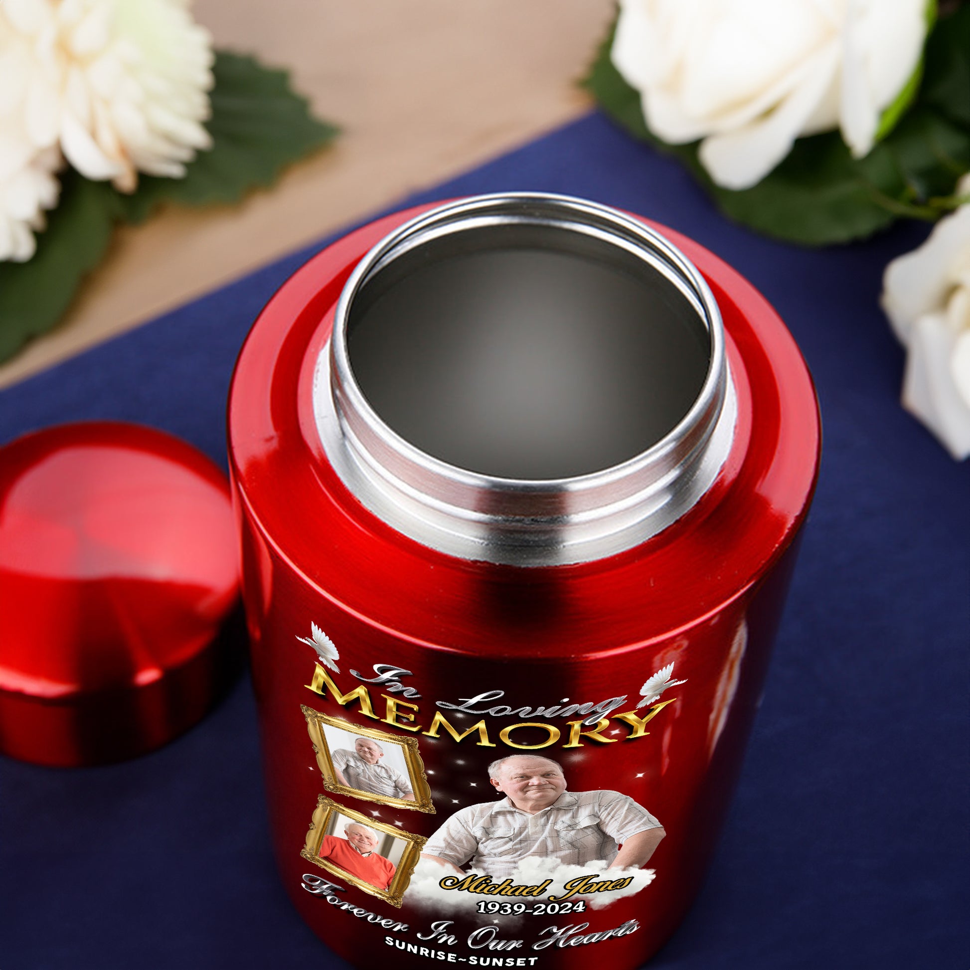 In Loving Memories Custom Photo Keepsake Wings Urn for Ashes. Stainless steel memorial urn.