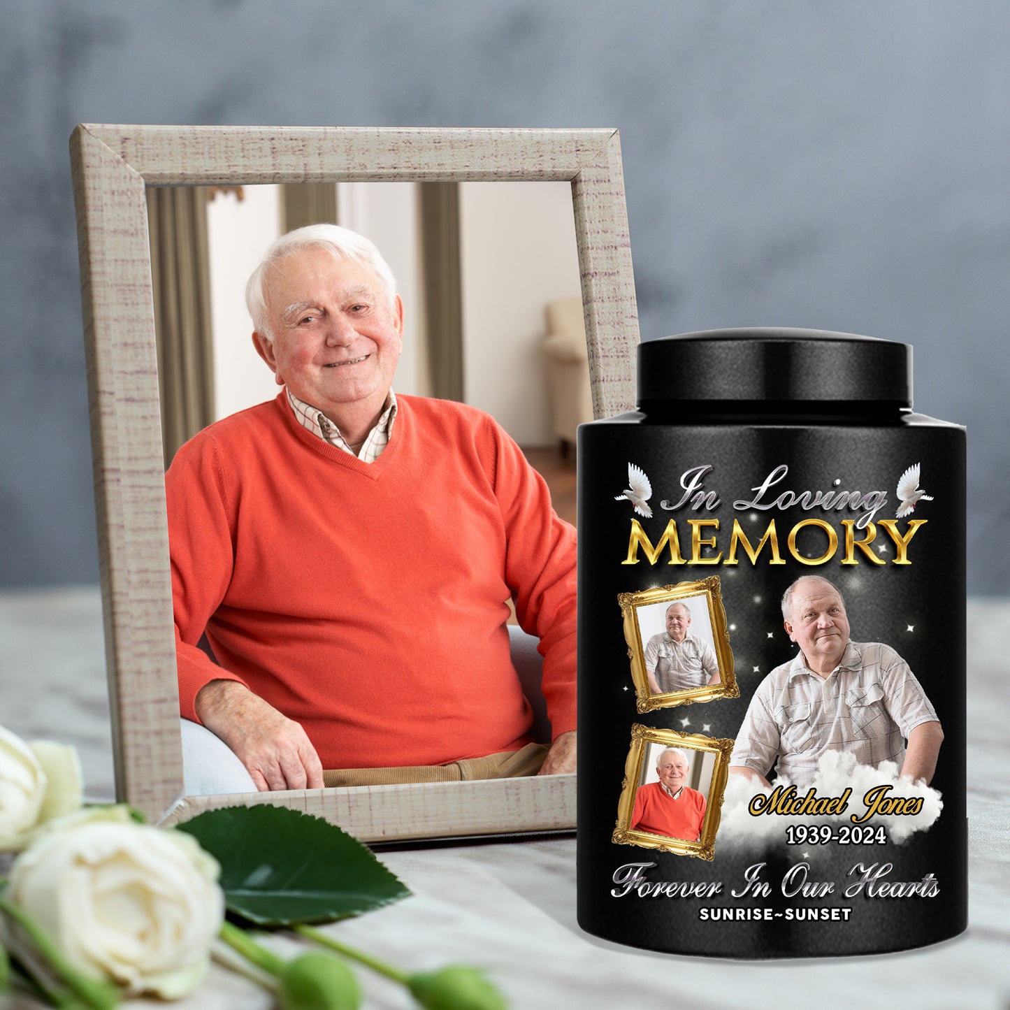 In Loving Memories Custom Photo Keepsake Wings Urn for Ashes. Stainless steel memorial urn.