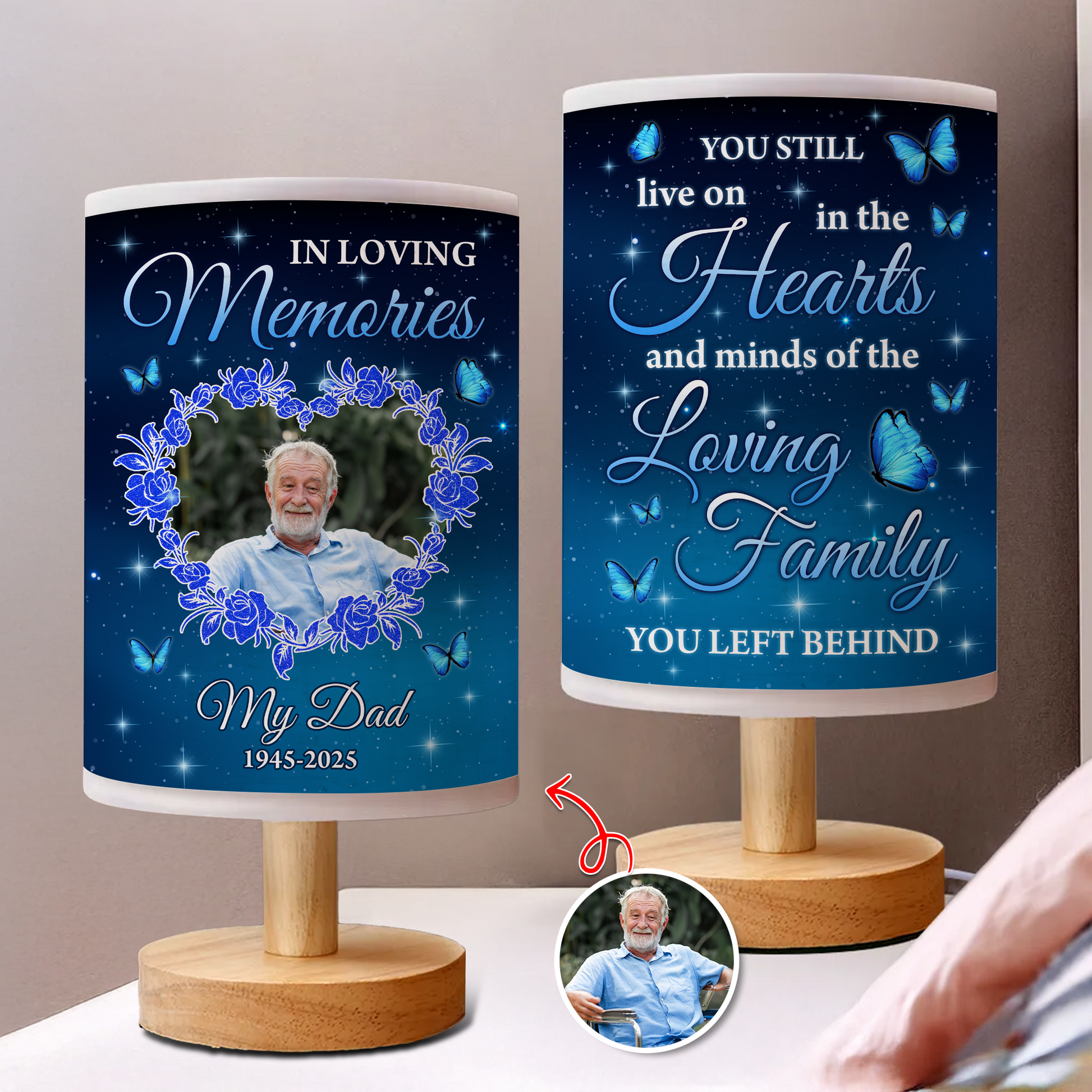 In Loving Memories personalized fabric lamp with delicate floral design.