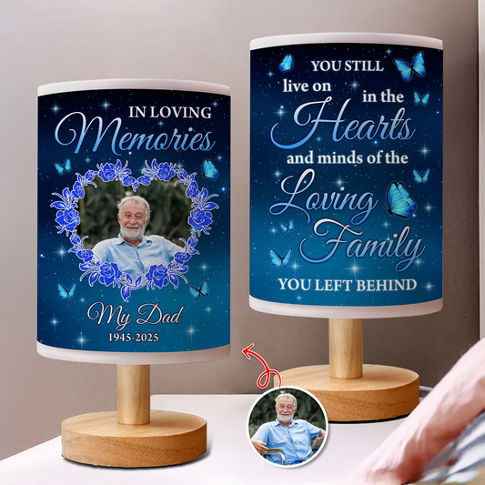 In Loving Memories personalized fabric lamp with delicate floral design.