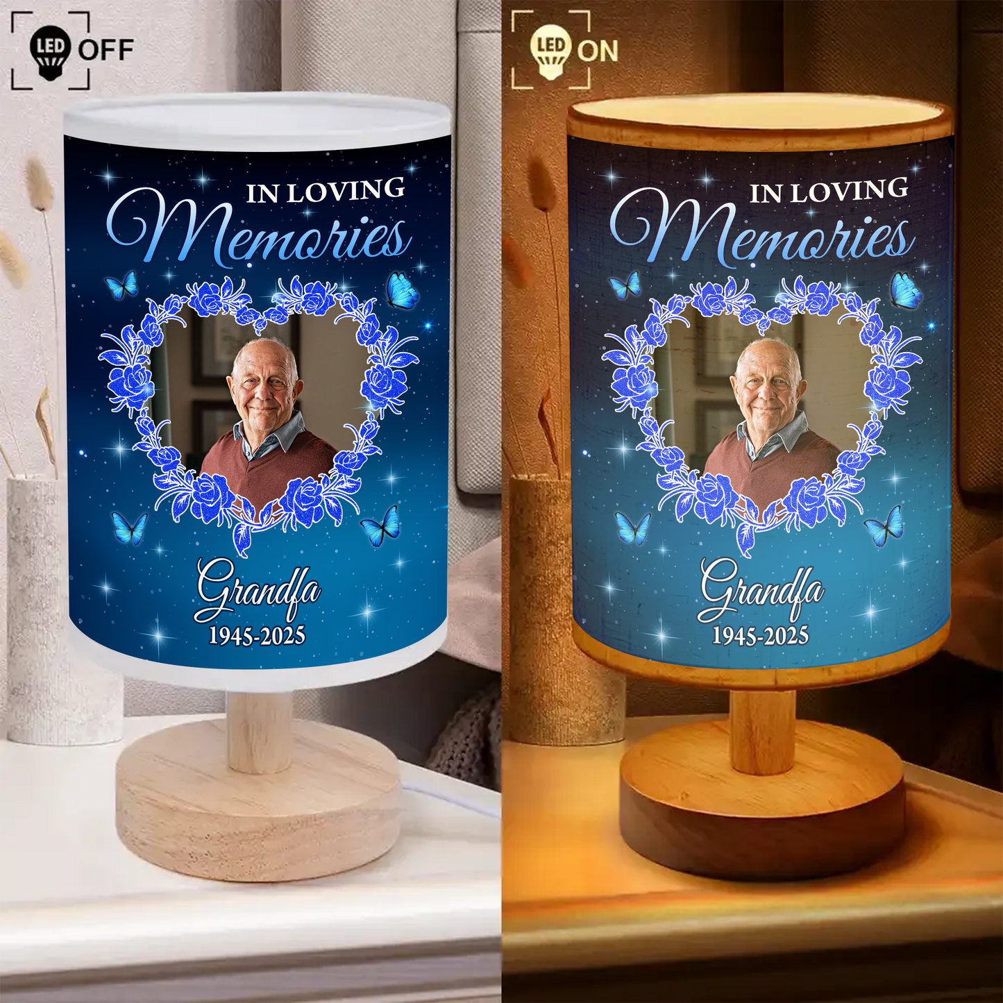 In Loving Memories personalized fabric lamp with delicate floral design.