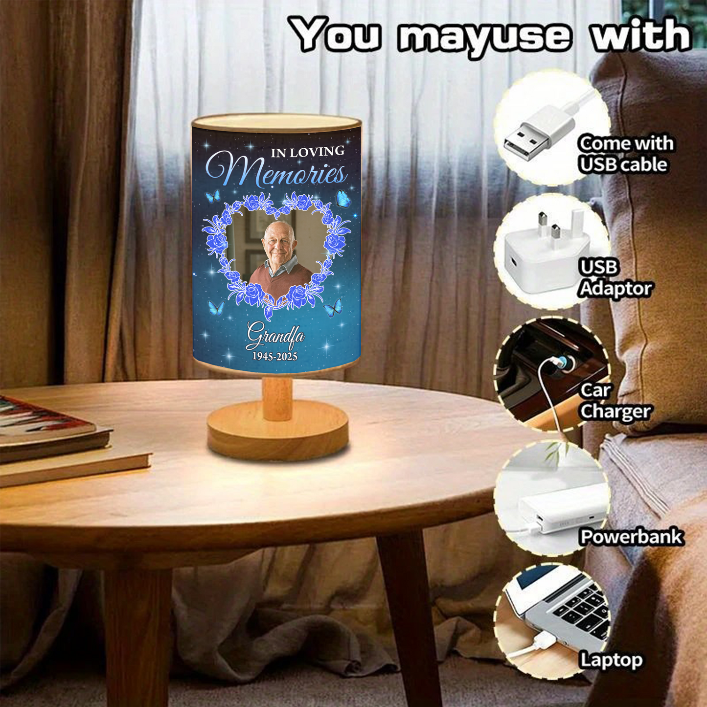In Loving Memories personalized fabric lamp with delicate floral design.