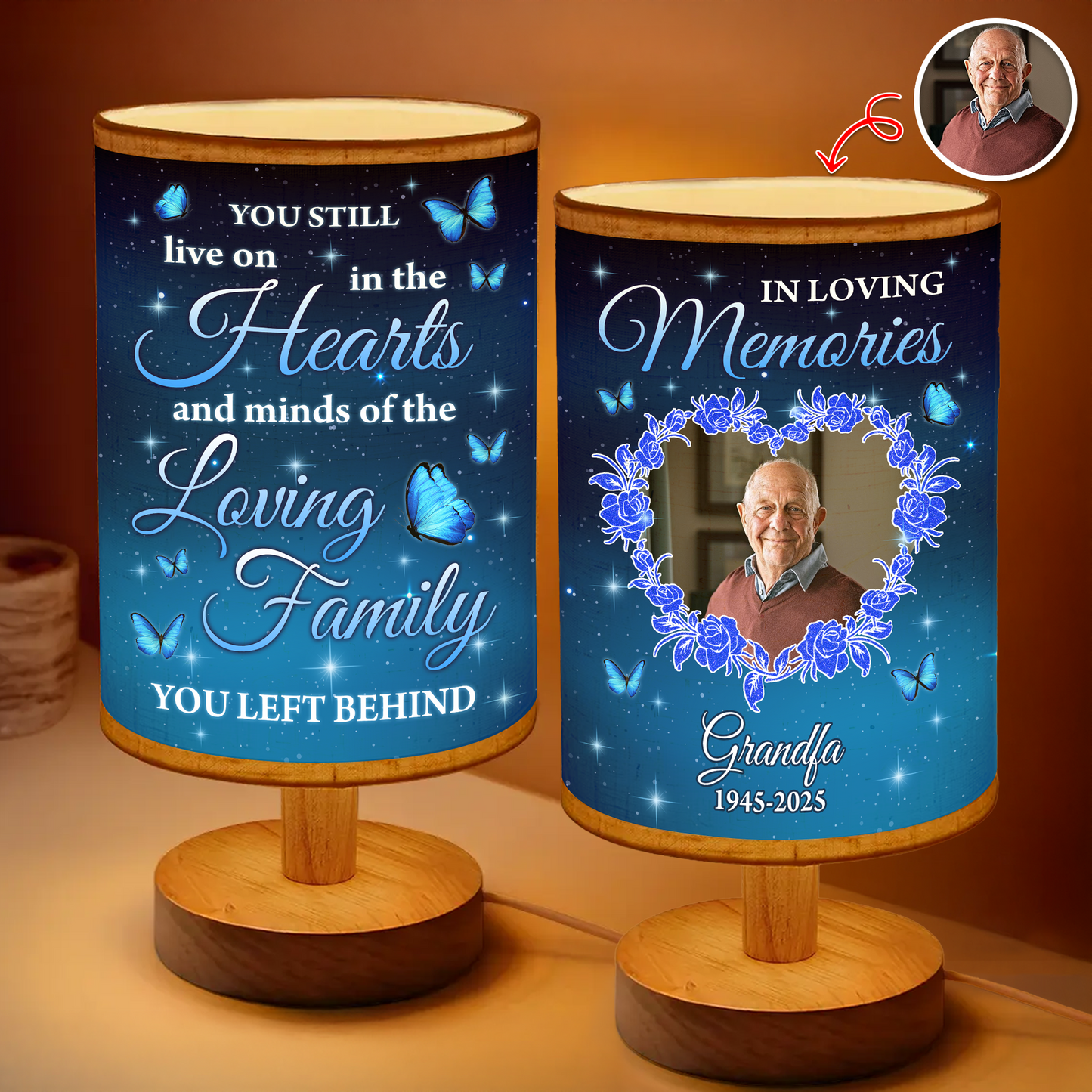 In Loving Memories personalized fabric lamp with delicate floral design.