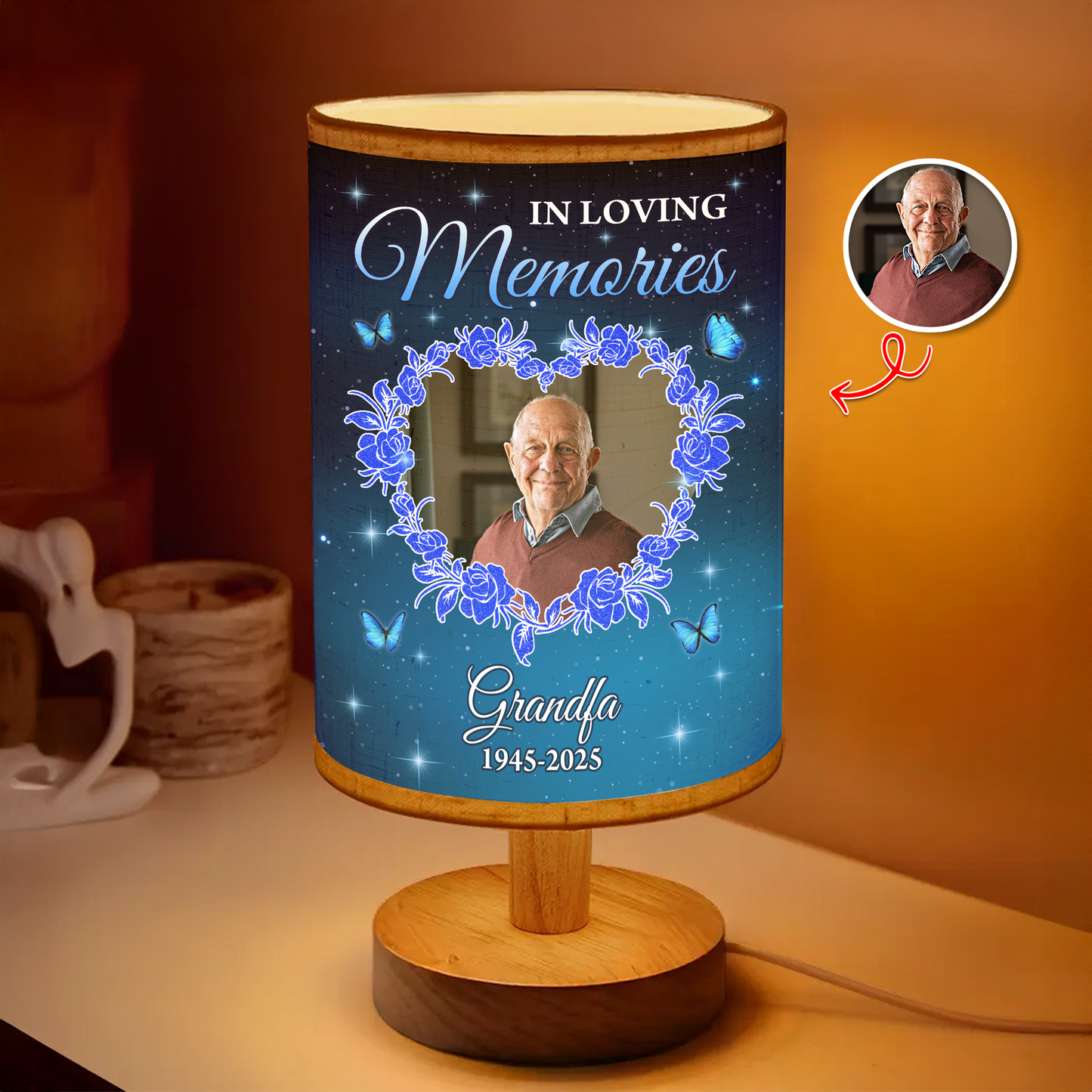 In Loving Memories personalized fabric lamp with delicate floral design.