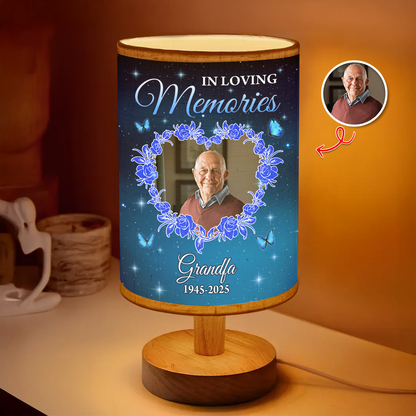 In Loving Memories personalized fabric lamp with delicate floral design.
