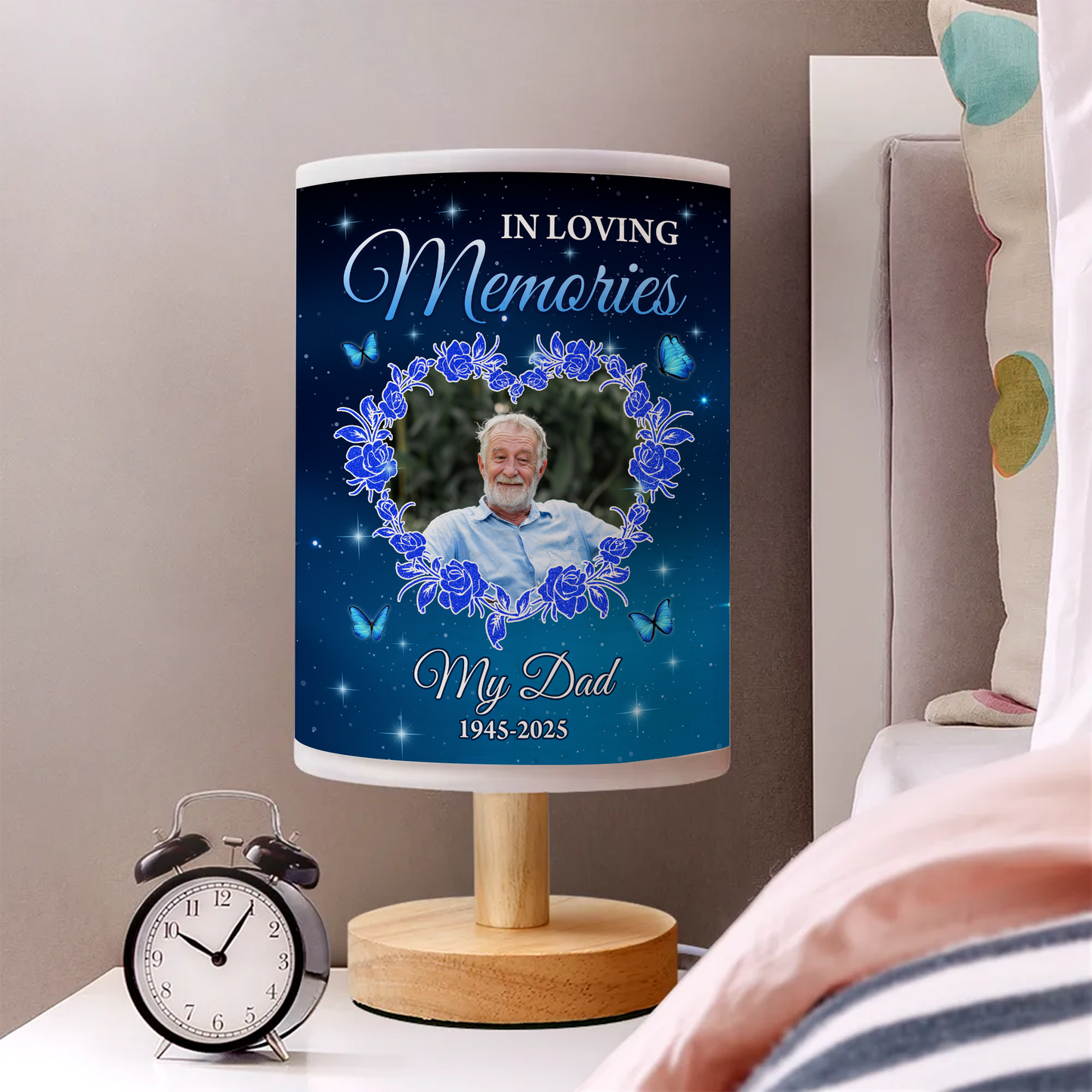 In Loving Memories personalized fabric lamp with delicate floral design.