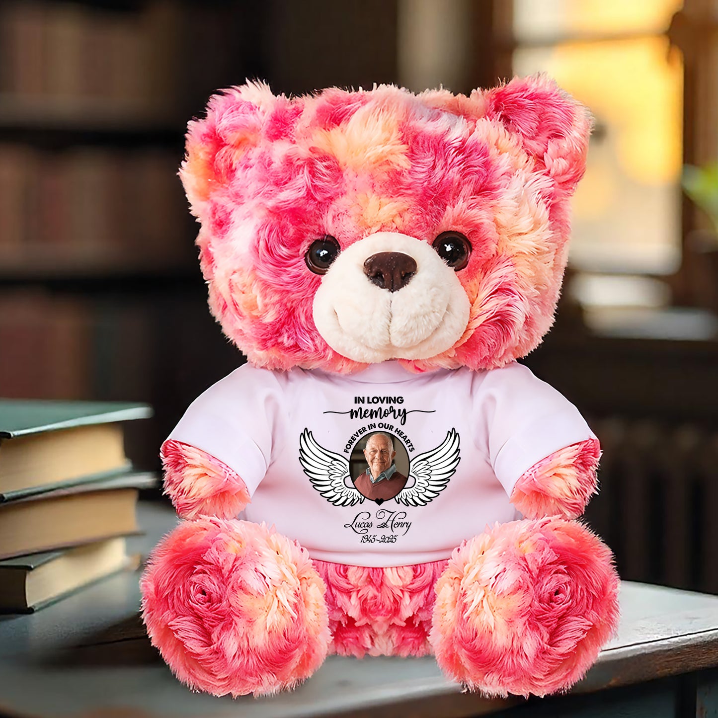 Personalized "In Loving Memories" teddy bear plush, a custom bereavement gift to honor loved ones.