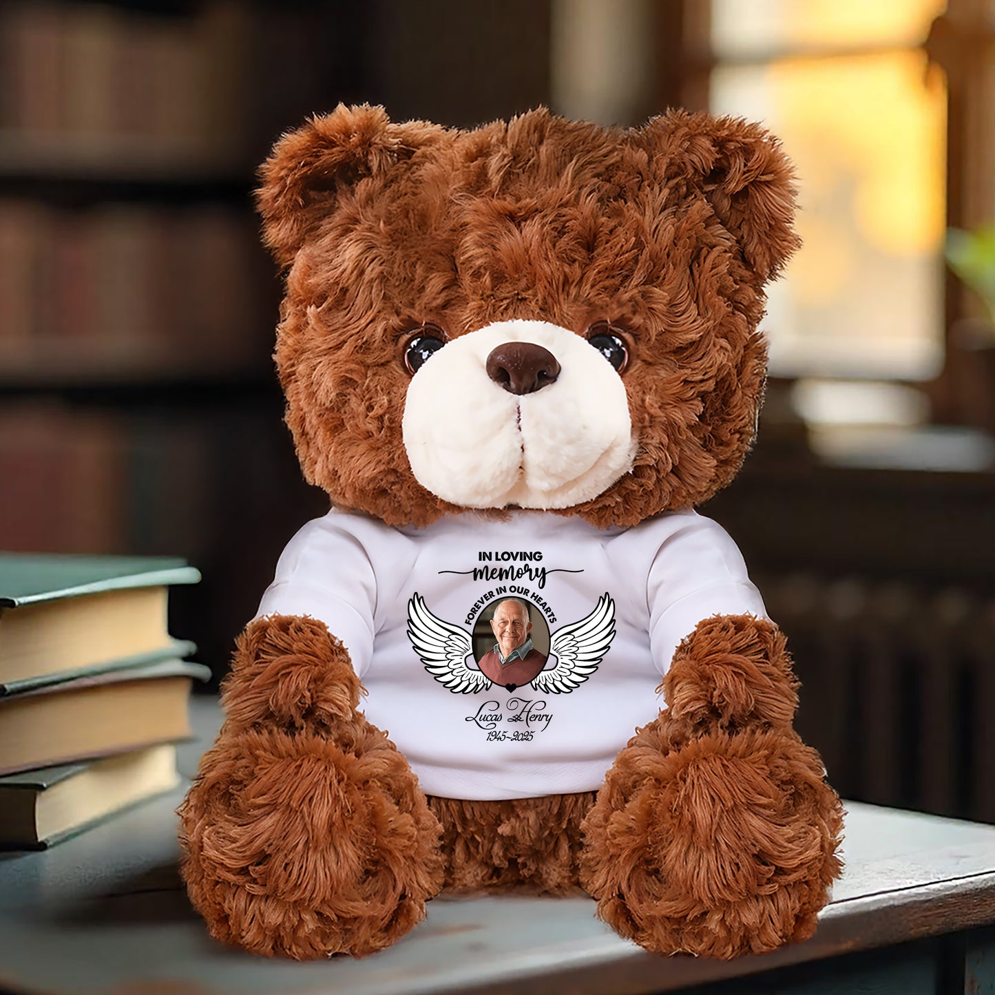 Personalized "In Loving Memories" teddy bear plush, a custom bereavement gift to honor loved ones.
