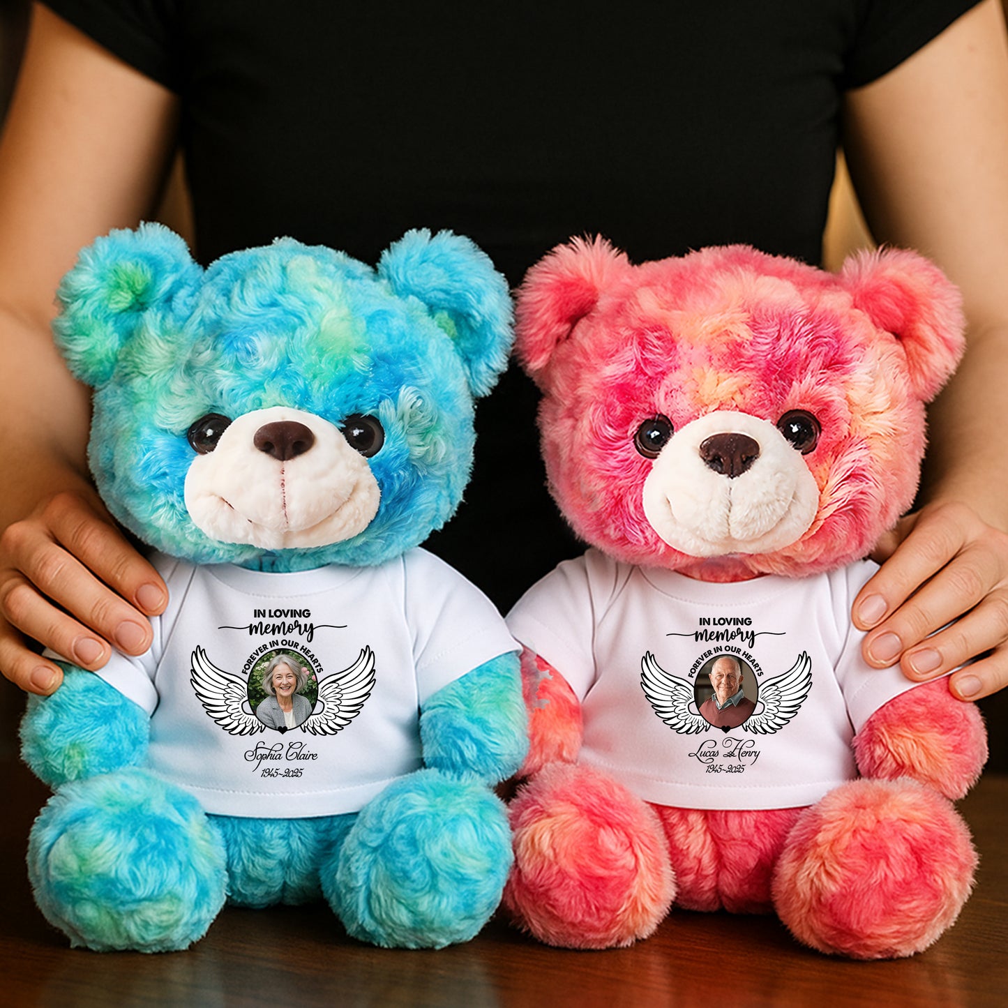 Personalized "In Loving Memories" teddy bear plush, a custom bereavement gift to honor loved ones.