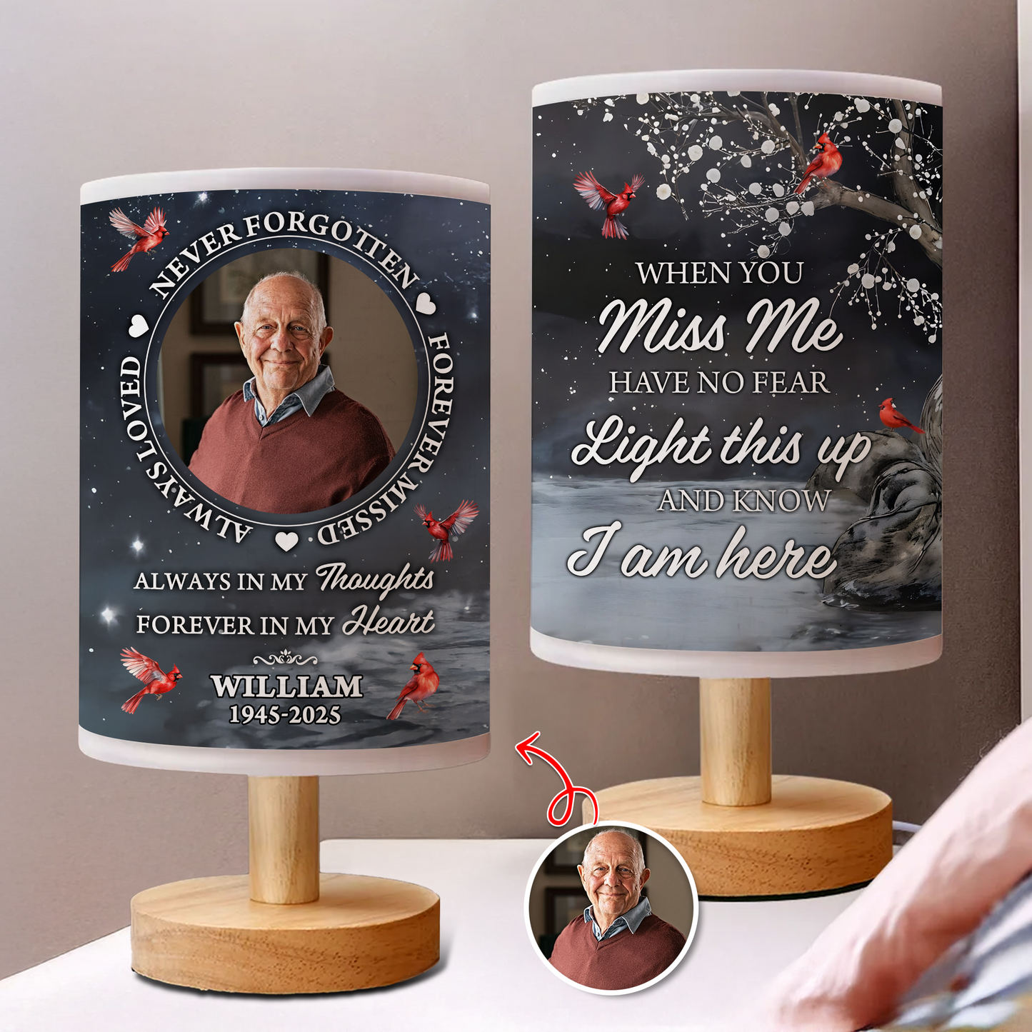Personalized "In Loving Memories" fabric lamp with custom photo and "Never Forgotten" text.
