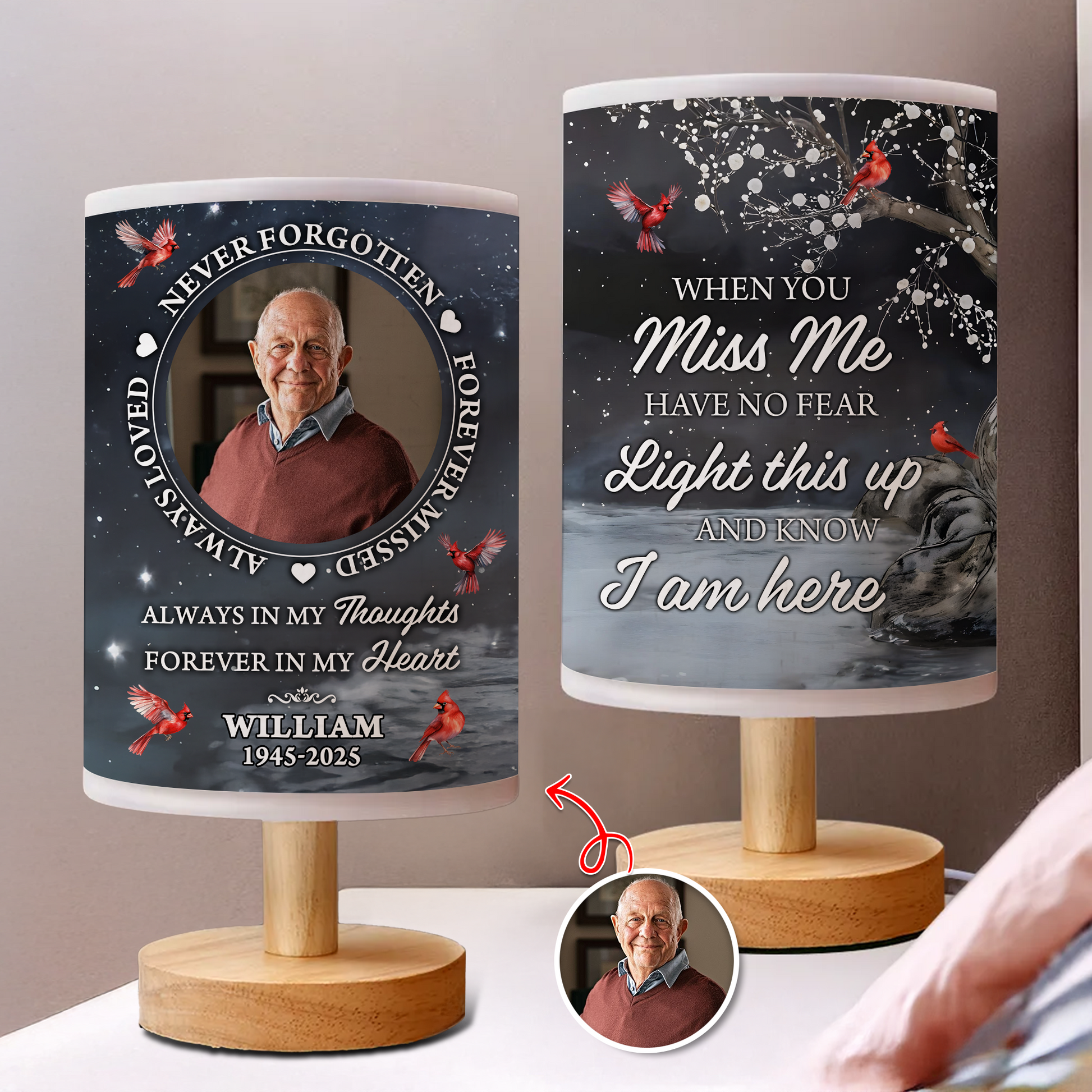 Personalized "In Loving Memories" fabric lamp with custom photo and "Never Forgotten" text.