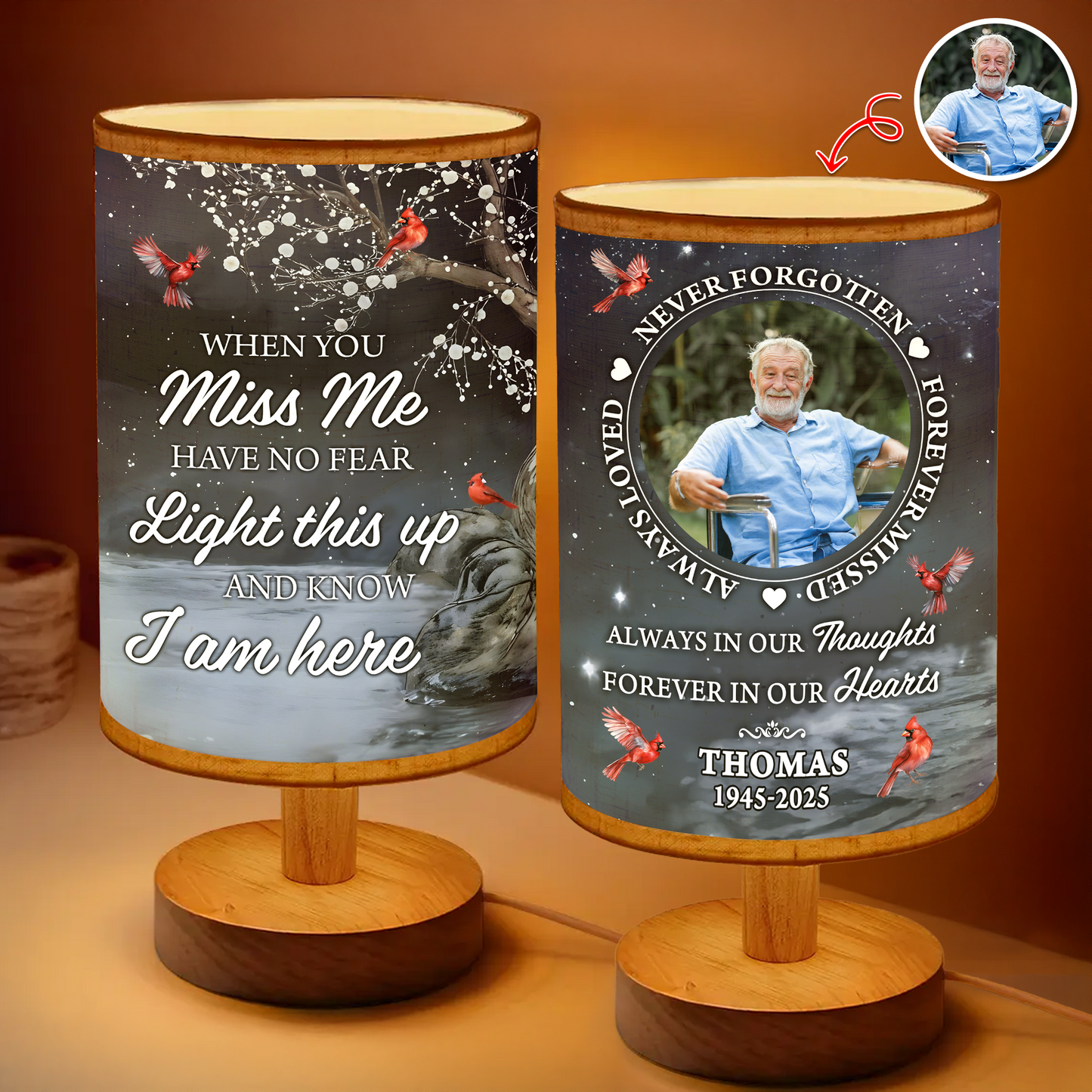 Personalized "In Loving Memories" fabric lamp with custom photo and "Never Forgotten" text.