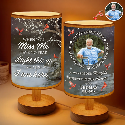 Personalized "In Loving Memories" fabric lamp with custom photo and "Never Forgotten" text.
