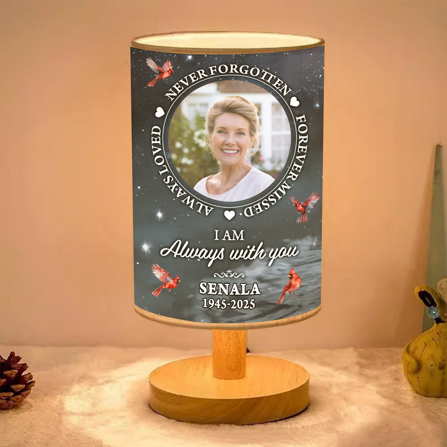 Personalized "In Loving Memories" fabric lamp with custom photo and "Never Forgotten" text.