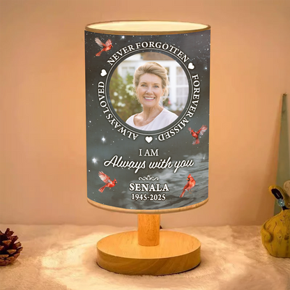Personalized "In Loving Memories" fabric lamp with custom photo and "Never Forgotten" text.