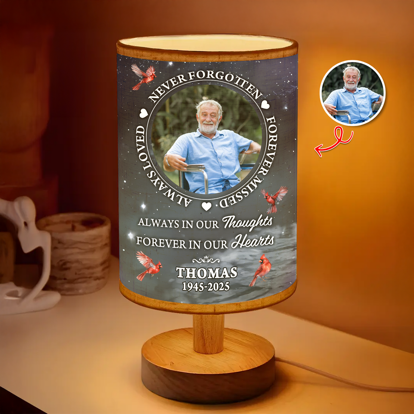 Personalized "In Loving Memories" fabric lamp with custom photo and "Never Forgotten" text.