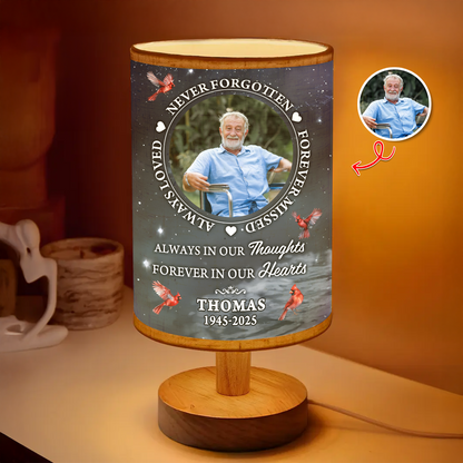Personalized "In Loving Memories" fabric lamp with custom photo and "Never Forgotten" text.