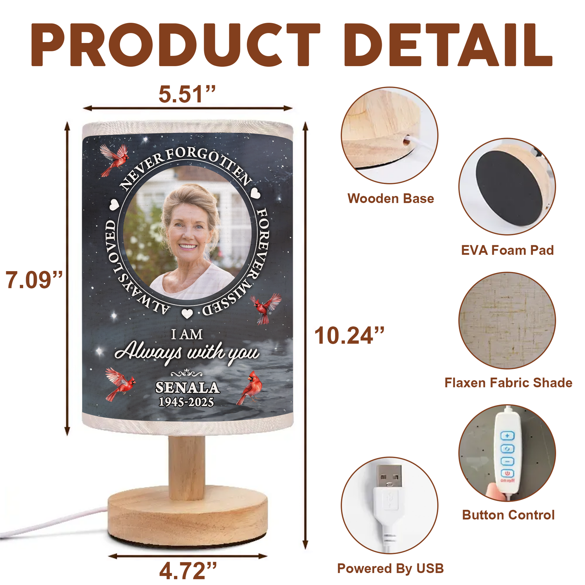 Personalized "In Loving Memories" fabric lamp with custom photo and "Never Forgotten" text.