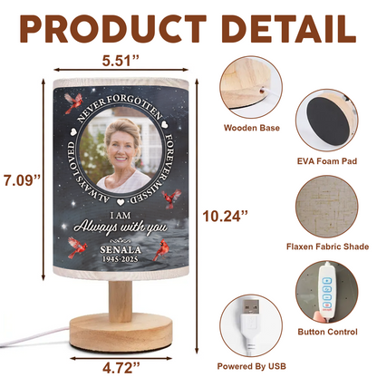 Personalized "In Loving Memories" fabric lamp with custom photo and "Never Forgotten" text.