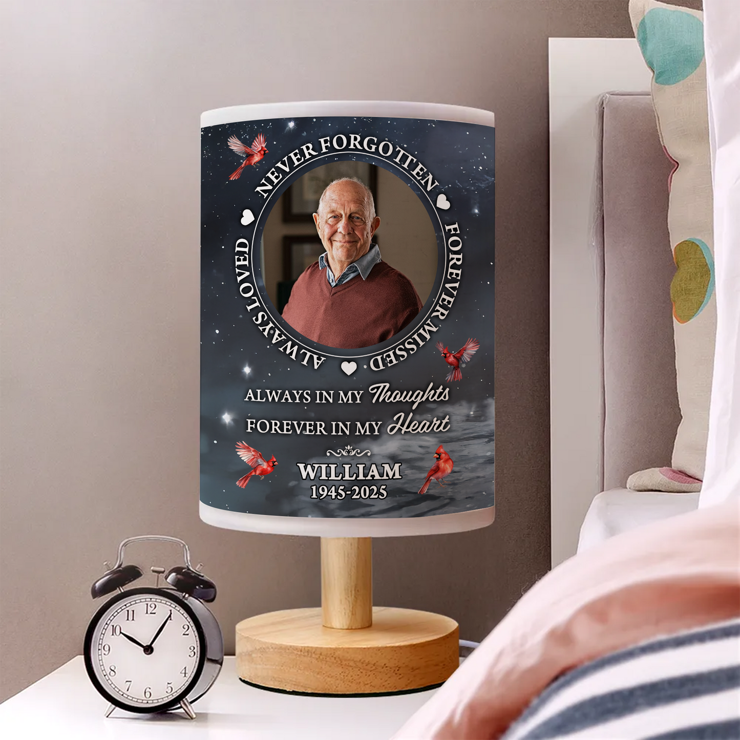 Personalized "In Loving Memories" fabric lamp with custom photo and "Never Forgotten" text.
