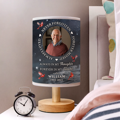 Personalized "In Loving Memories" fabric lamp with custom photo and "Never Forgotten" text.