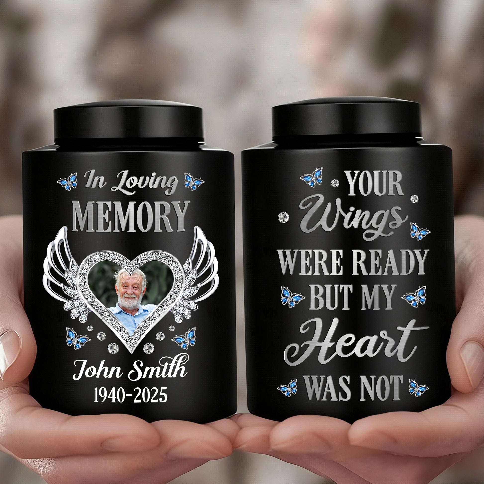 In Loving Memory wings urn for ashes. Stainless steel keepsake urn to honor loved ones.