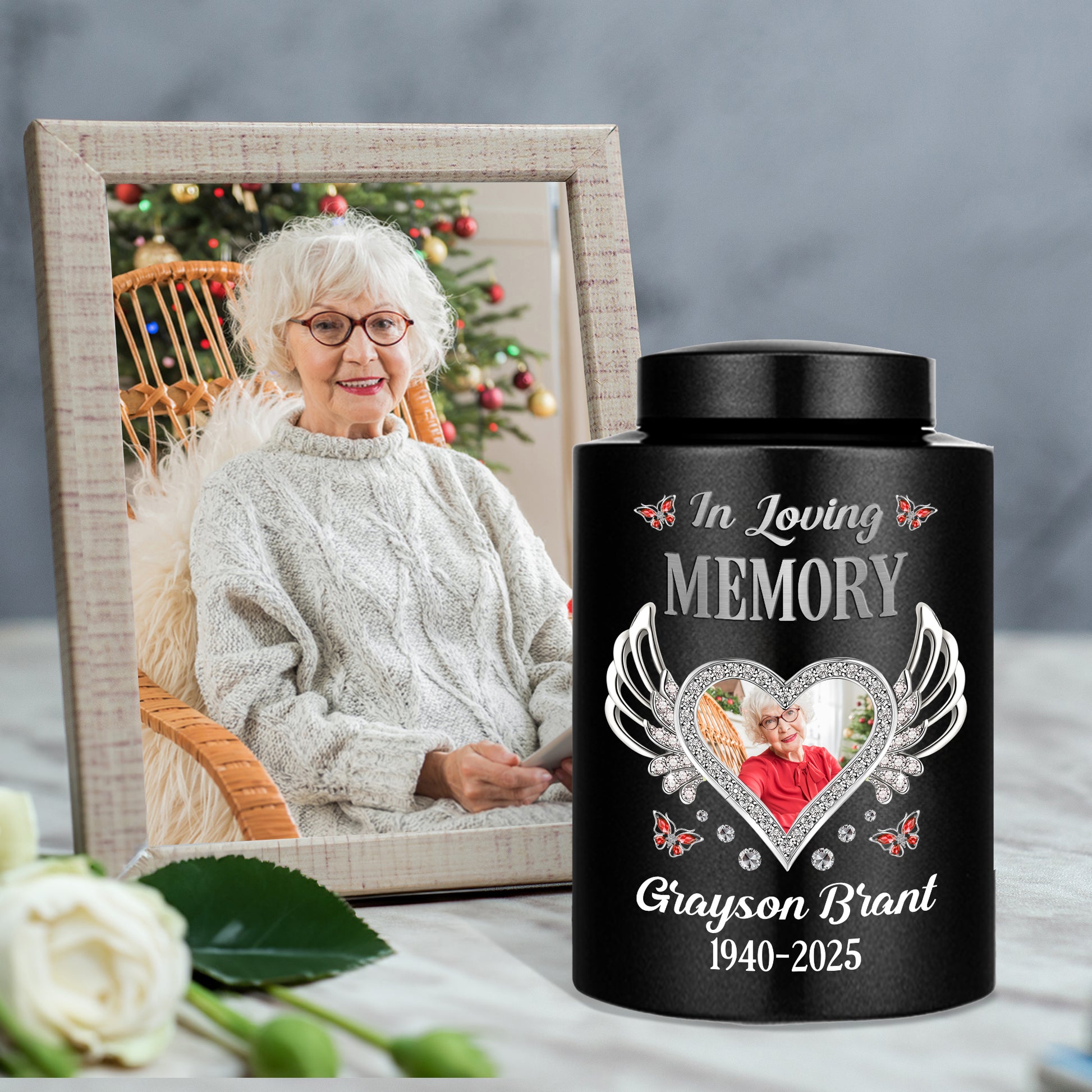 In Loving Memory wings urn for ashes. Stainless steel keepsake urn to honor loved ones.