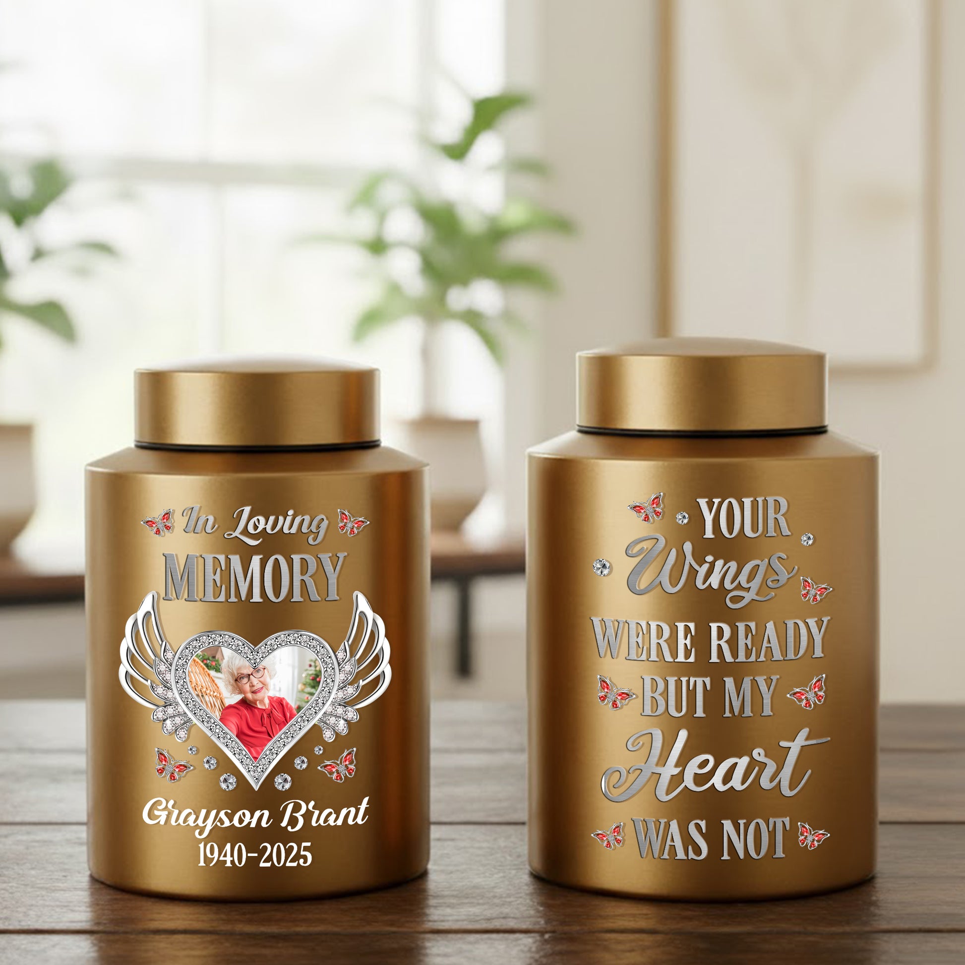 In Loving Memory wings urn for ashes. Stainless steel keepsake urn to honor loved ones.