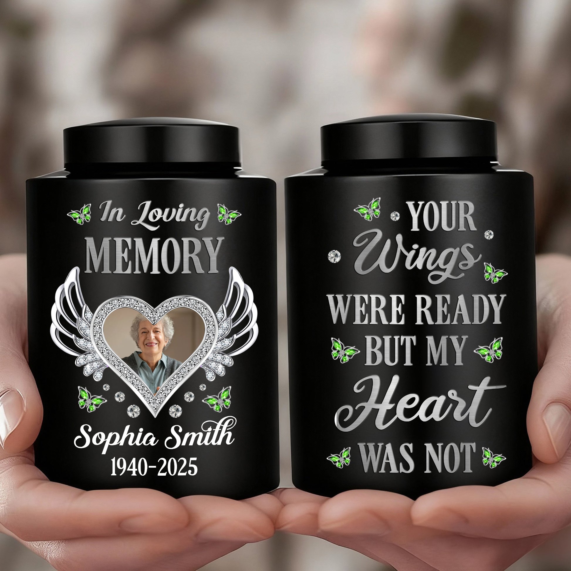 In Loving Memory wings urn for ashes. Stainless steel keepsake urn to honor loved ones.