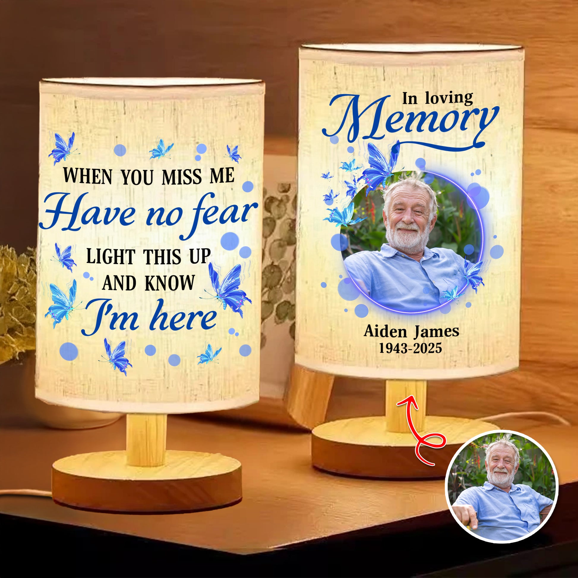 Personalized In Loving Memory Lamp: Fabric lamp featuring a custom photo and comforting message.
