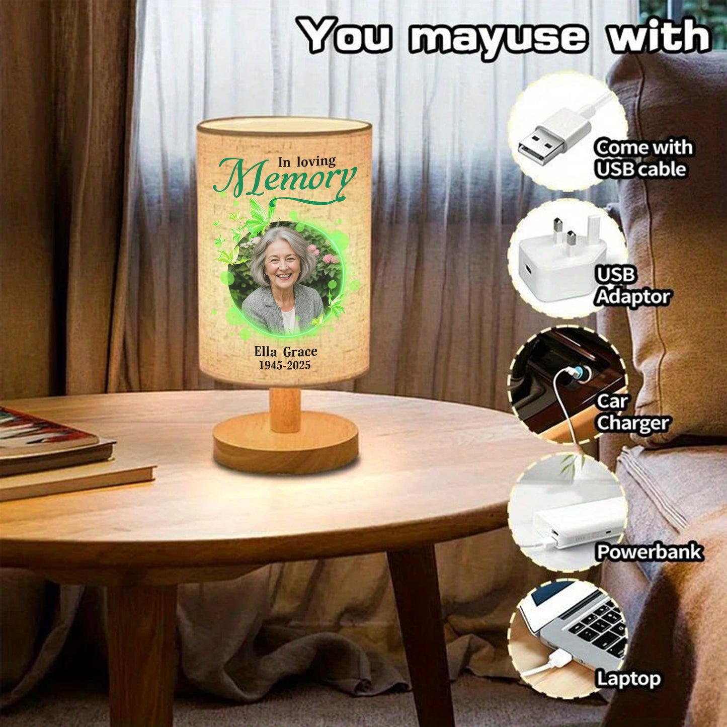 Personalized In Loving Memory Lamp: Fabric lamp featuring a custom photo and comforting message.