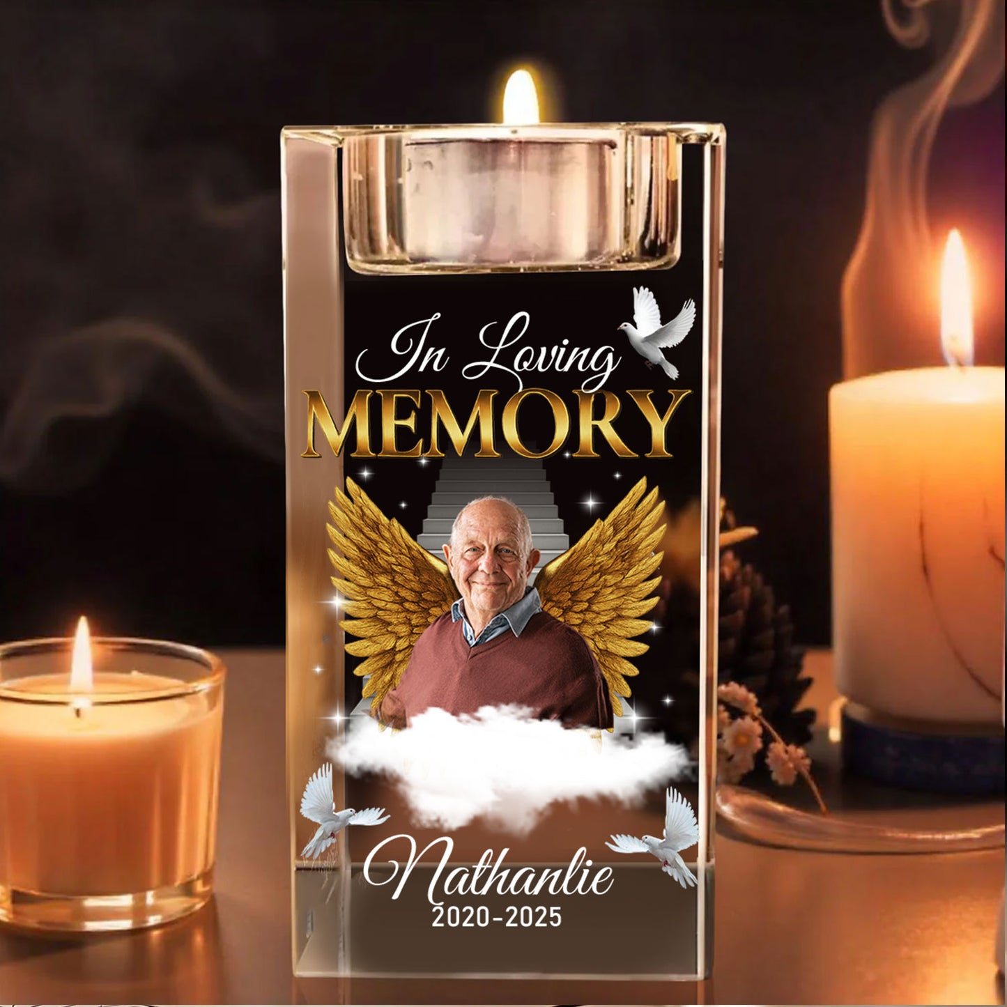 Personalized crystal candle holder with "In Loving Memory" engraving.