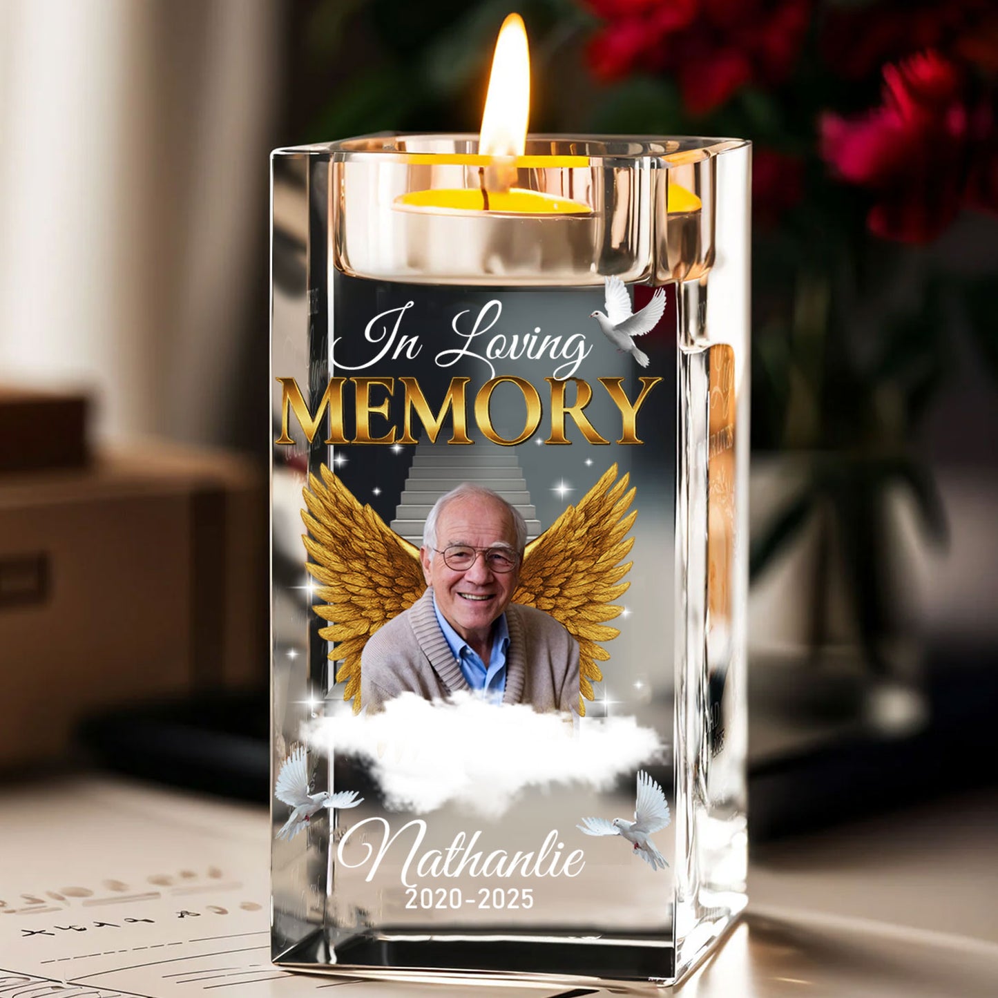 Personalized crystal candle holder with "In Loving Memory" engraving.