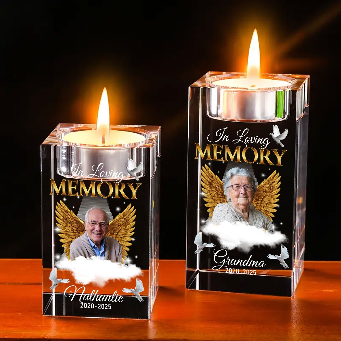 Personalized crystal candle holder with "In Loving Memory" engraving.