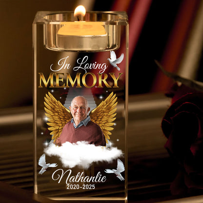 Personalized crystal candle holder with "In Loving Memory" engraving.
