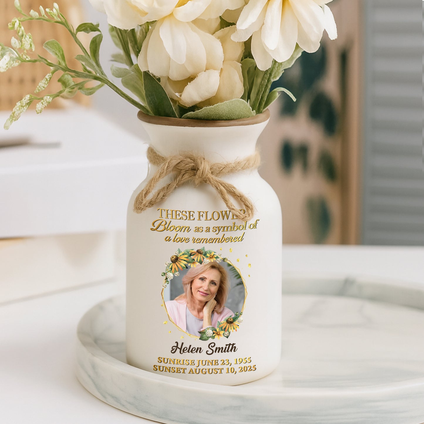 Personalized in loving memory white ceramic flower vase, elegant minimalist design.