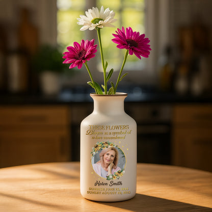 Personalized in loving memory white ceramic flower vase, elegant minimalist design.