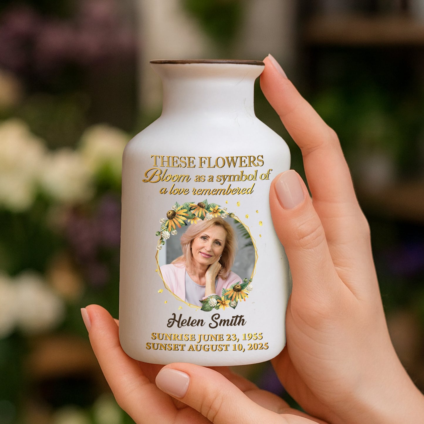 Personalized in loving memory white ceramic flower vase, elegant minimalist design.