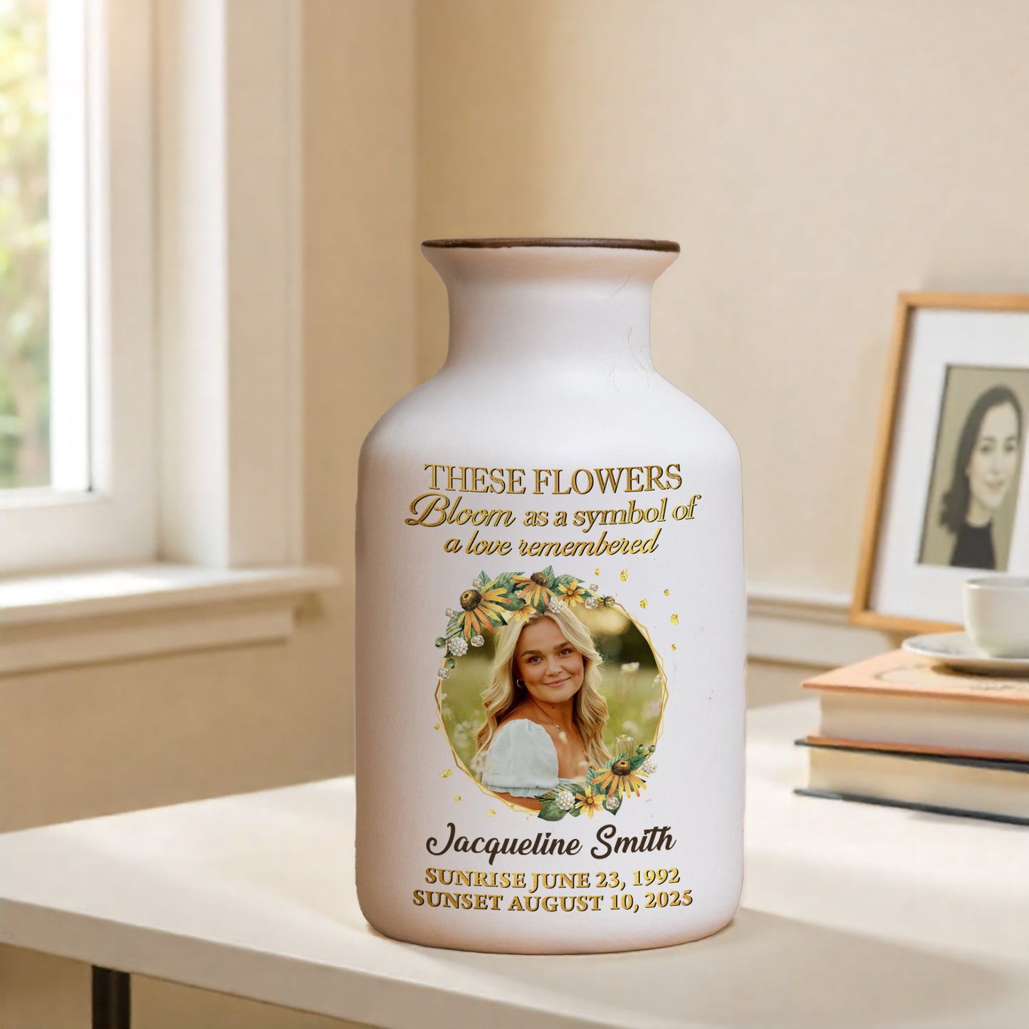 Personalized in loving memory white ceramic flower vase, elegant minimalist design.