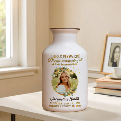 Personalized in loving memory white ceramic flower vase, elegant minimalist design.