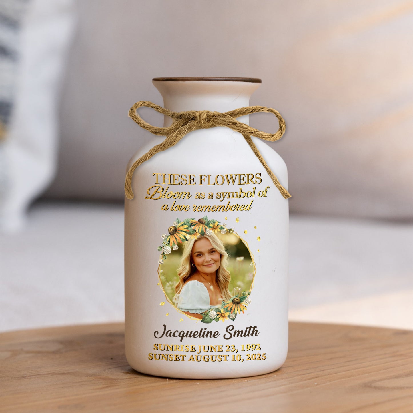 Personalized in loving memory white ceramic flower vase, elegant minimalist design.