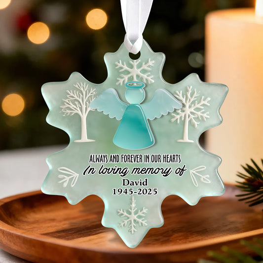Personalized In Loving Memory sea glass ornament with custom name and dates, layered acrylic design.