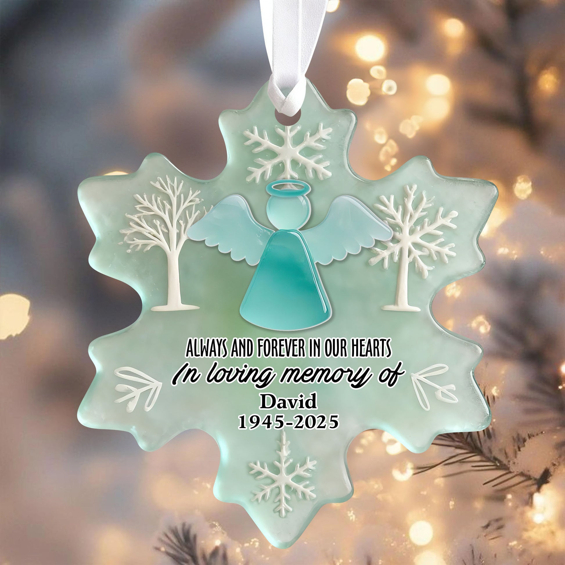 Personalized In Loving Memory sea glass ornament with custom name and dates, layered acrylic design.
