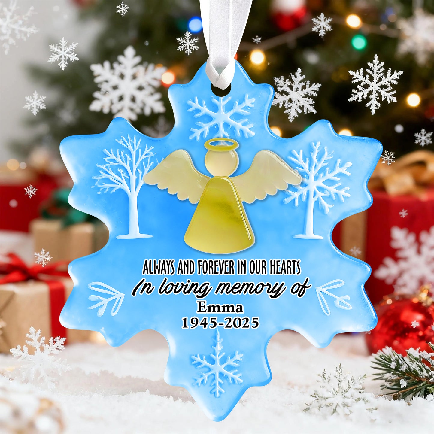 Personalized In Loving Memory sea glass ornament with custom name and dates, layered acrylic design.