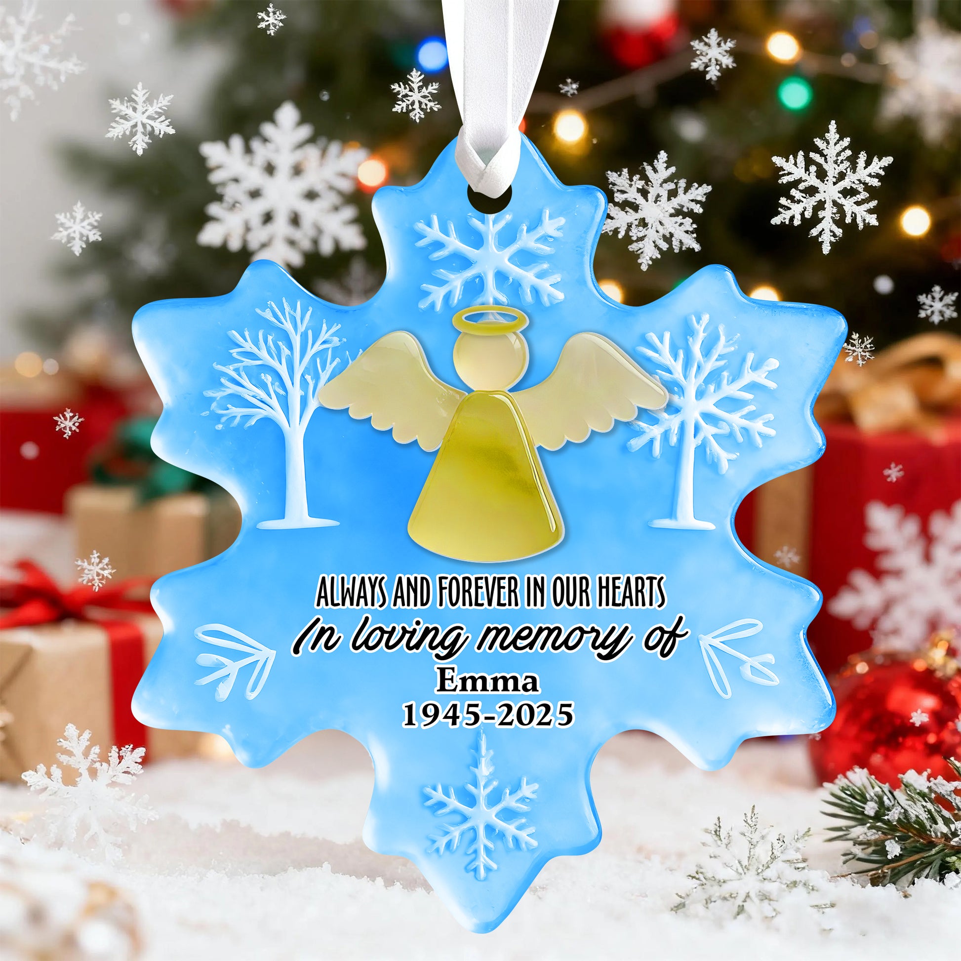 Personalized In Loving Memory sea glass ornament with custom name and dates, layered acrylic design.