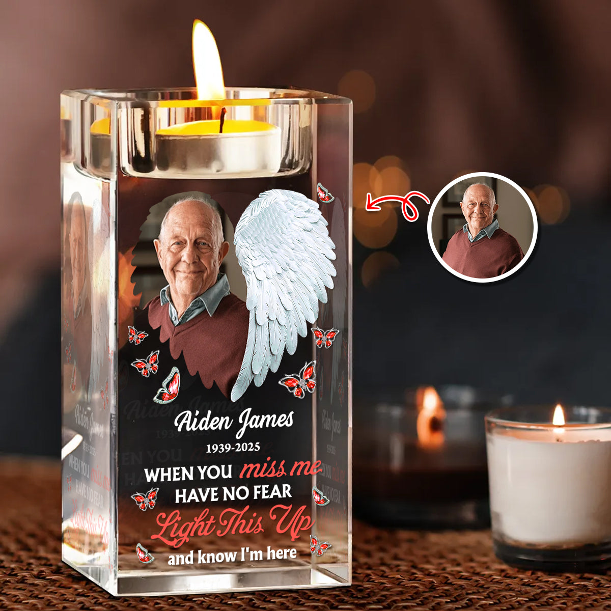 Personalized memorial crystal candle holder with angel wings and "In Loving Memory" blessing.