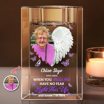 Personalized memorial crystal candle holder with angel wings and "In Loving Memory" blessing.