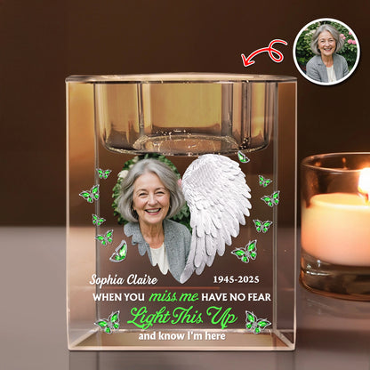 Personalized memorial crystal candle holder with angel wings and "In Loving Memory" blessing.