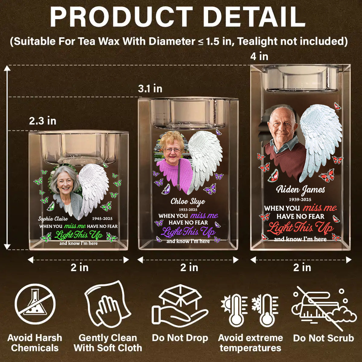 Personalized memorial crystal candle holder with angel wings and "In Loving Memory" blessing.