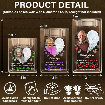 Personalized memorial crystal candle holder with angel wings and "In Loving Memory" blessing.